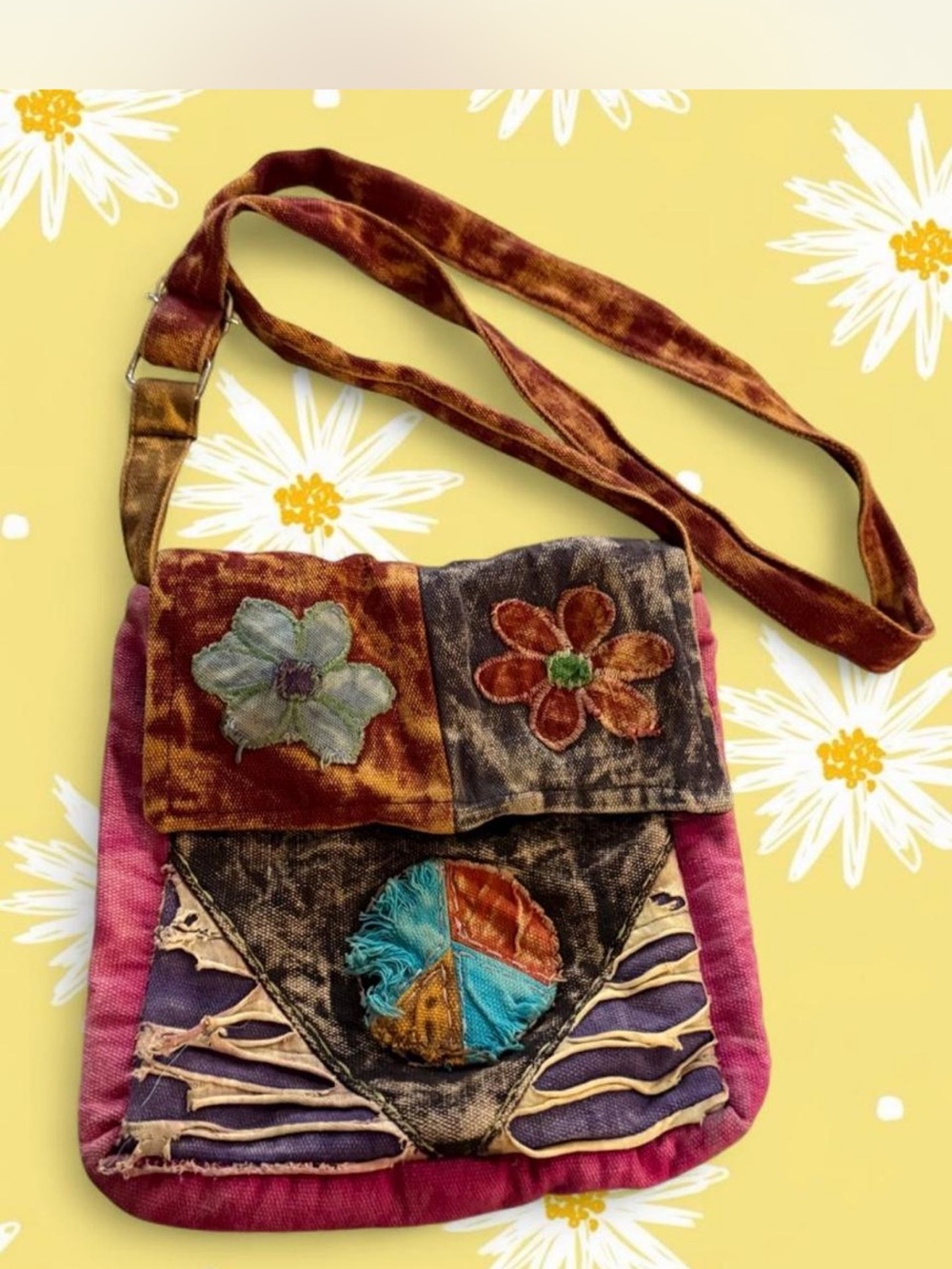 Boho Patchwork Crossbody Bag with peace sign and floral design